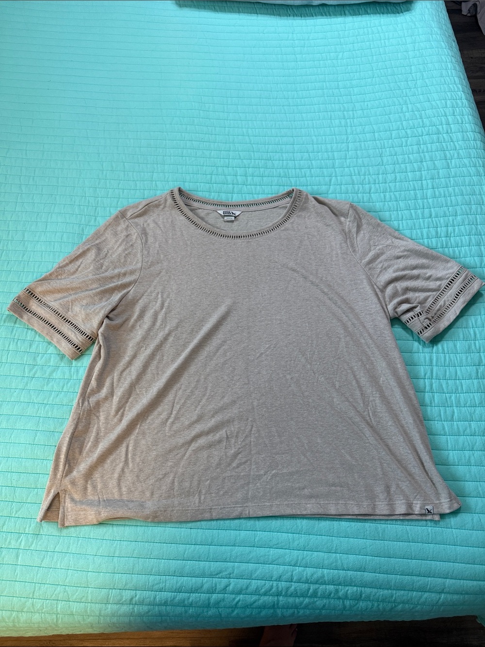 Eddie Bauer Taupe Short Sleeve Knit Top with Openwork Neckline